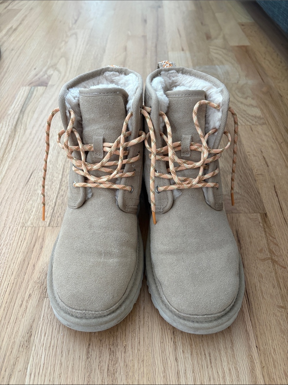 UGG Neumel Suede Lace-Up Shearling Boots in Light Beige